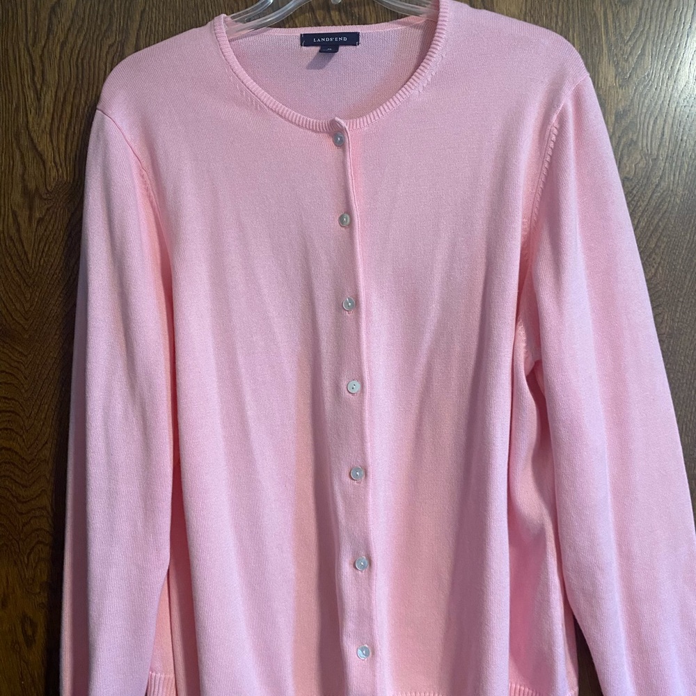 Pink 1X cotton cardigan. Lands End